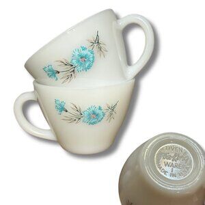 2 Mid Century Cottage Granny FIRE KING Bonnie Blue Flower Mugs Tea Cups LOT OF 2